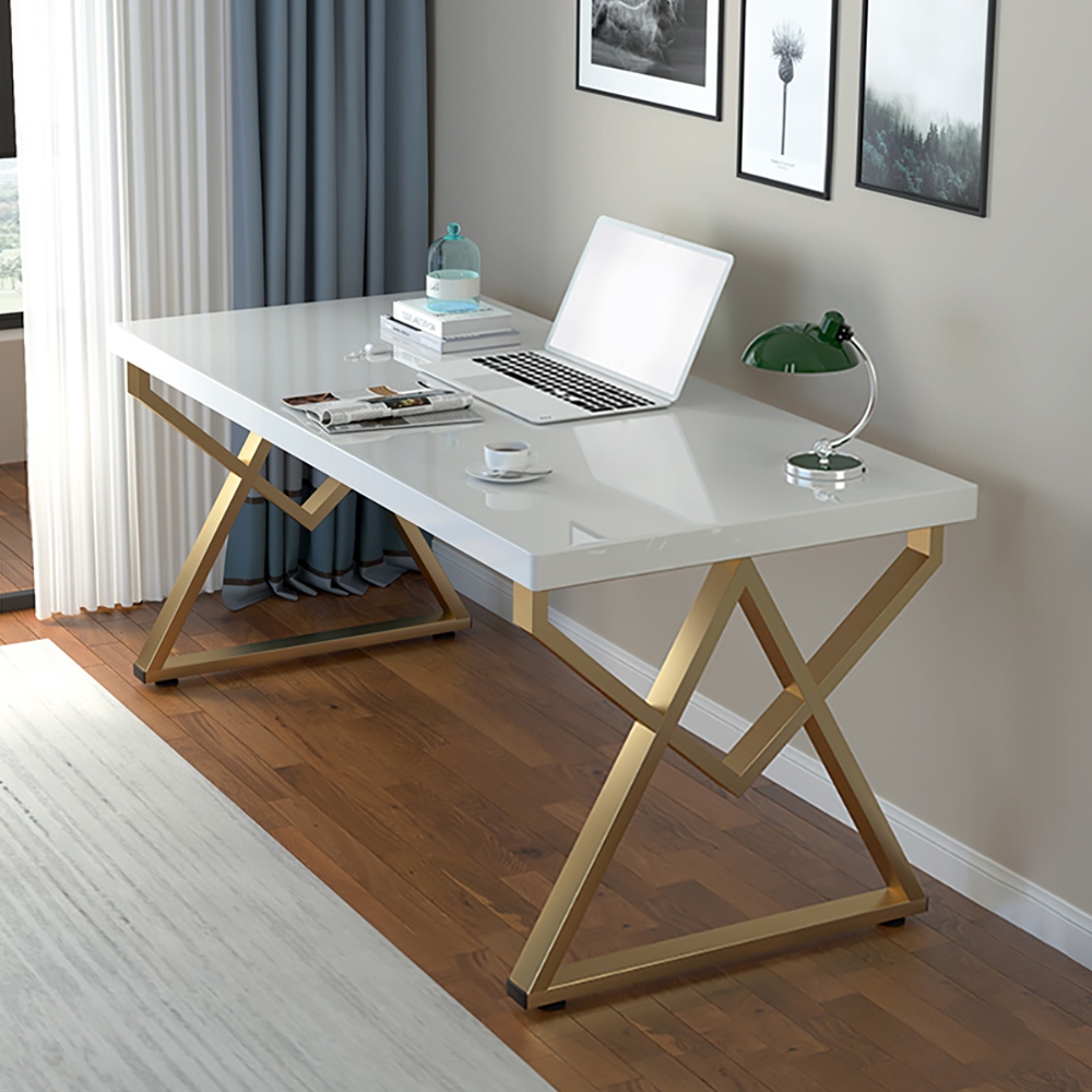 Image of 40" Modern White Rectangular Writing Desk with Gold Base