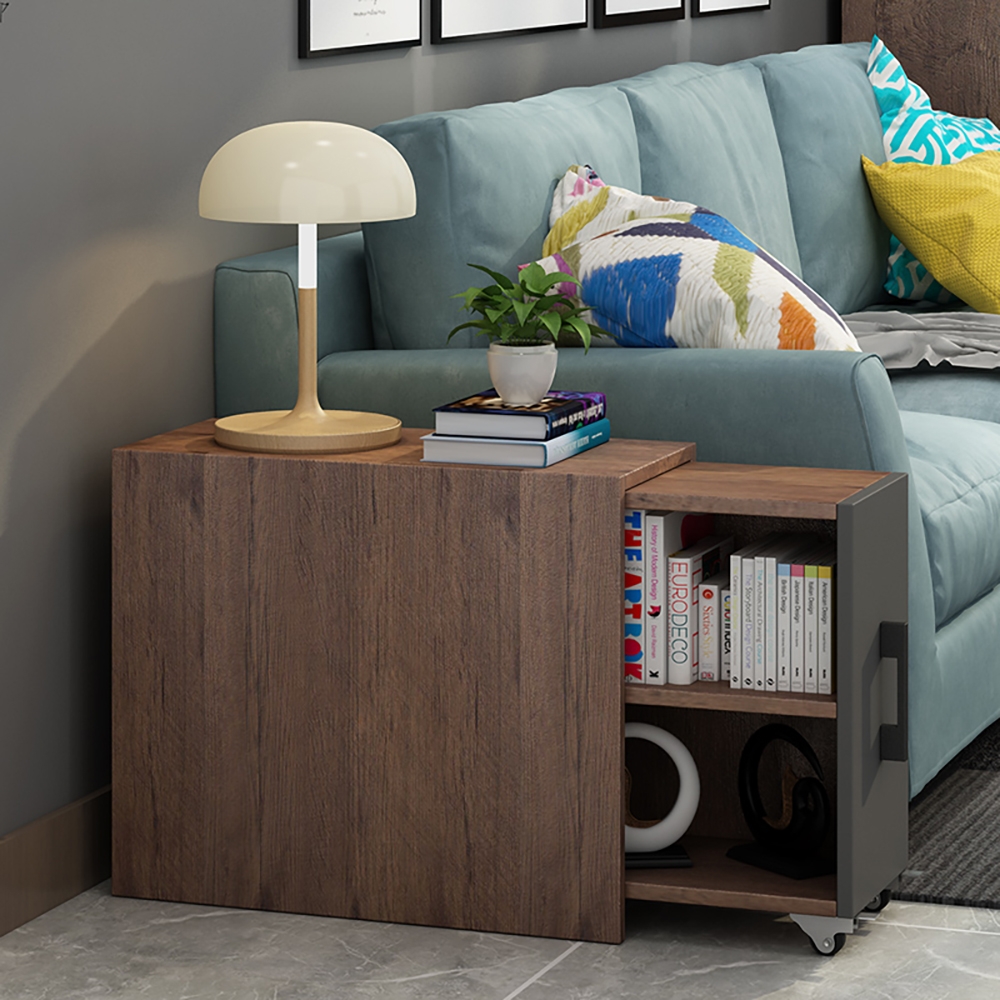 

Modern Walnut Wooden End Table with Drawer & Shelf Side Table