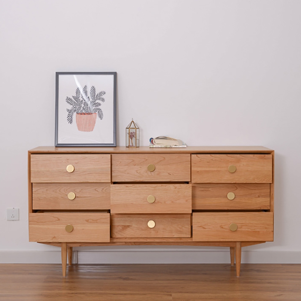 1600mm Natural Bedroom Dresser with 9 Drawers Wooden Chest of Drawers with Gold Knobs