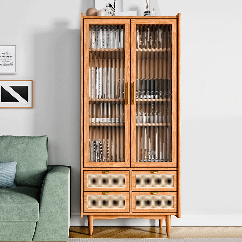 

Nordic Natural Cabinet 3-Shelf Bookcase with 2 Tempered Glass Doors & 4 Rattan Woven Drawers