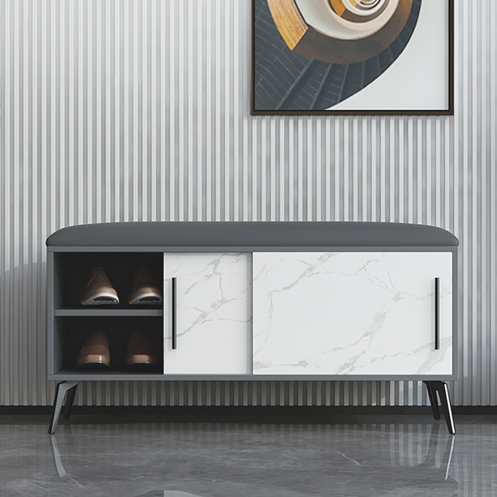 

Modern Upholstered Bench with Cabinet in Leather Gray&White