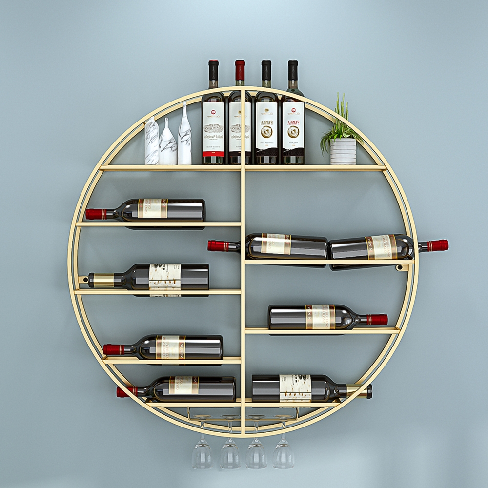 

Modern Round Wall Mounted Wine Rack with Glass Rack in Nanogold