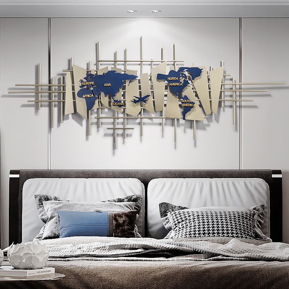3D European Style World Map Metal Wall Decor Art in Blue & Gold