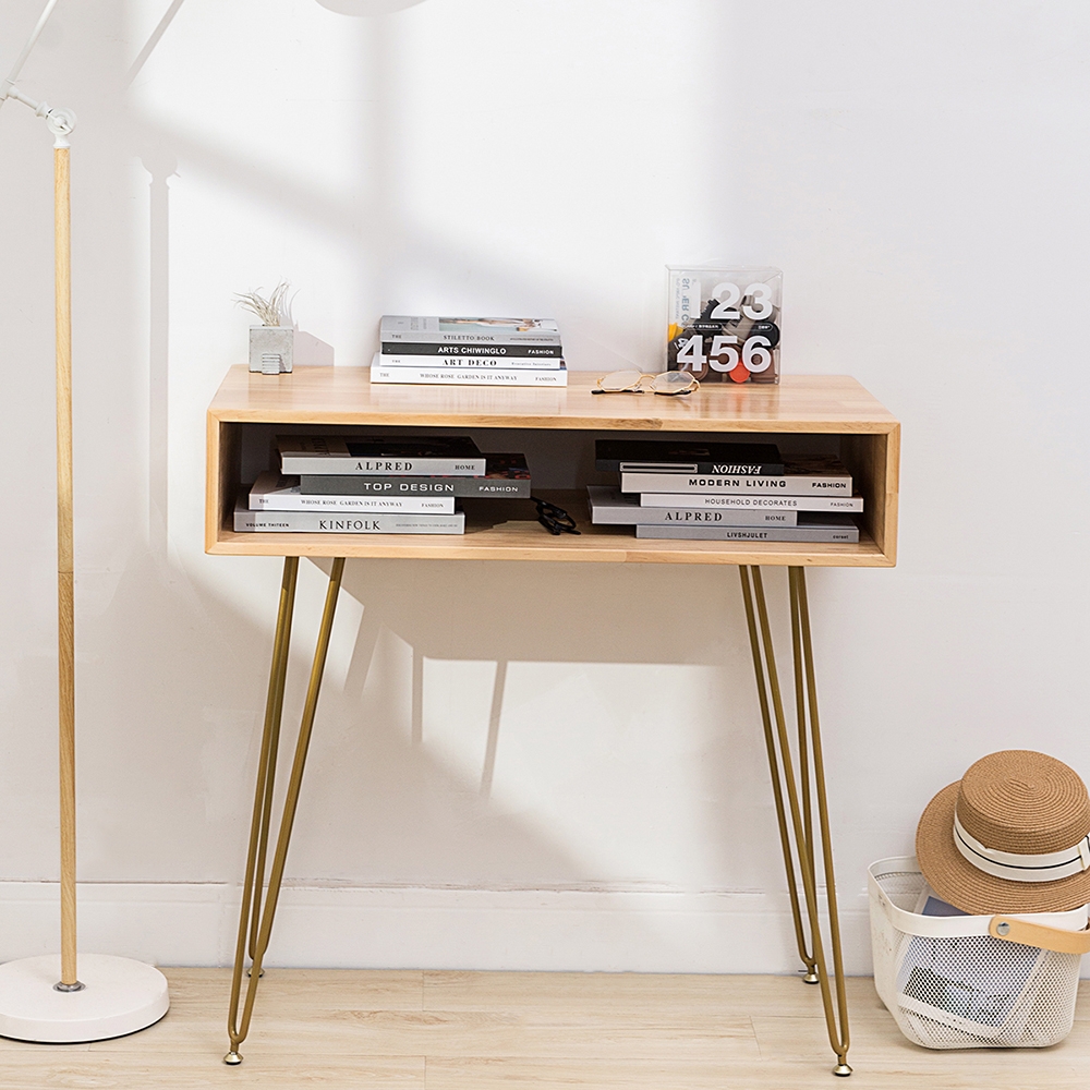 

Modern Natural Desk with Shelf Pine Wood Frame & Metal Legs Writing Desk