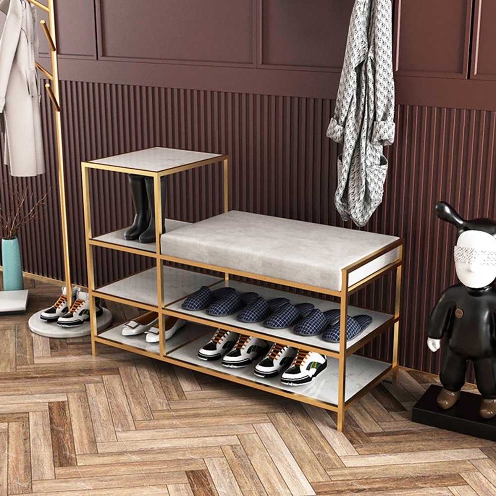 Velvet Upholstered 2-Tier Shoes Storage Stool in Gold Finish Modern ...
