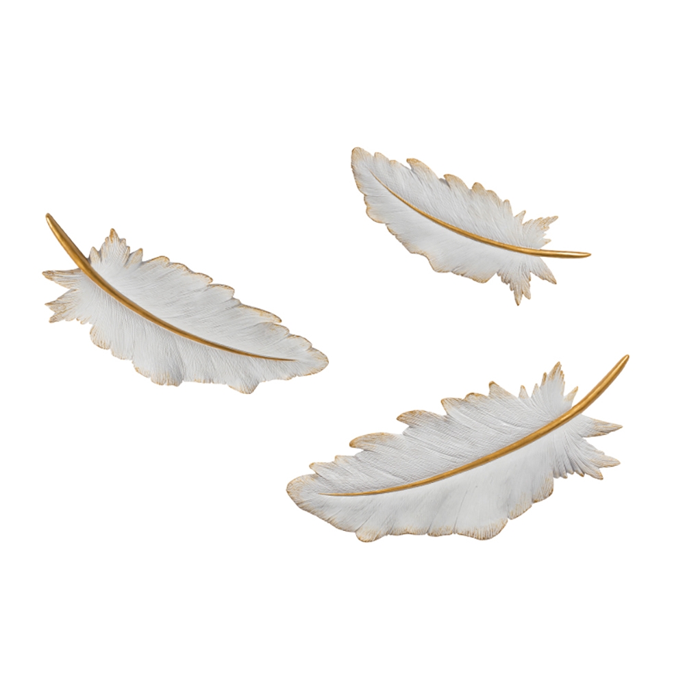 3 Pieces White & Gold Feather Resin Modern Wall Decor Home Art Set