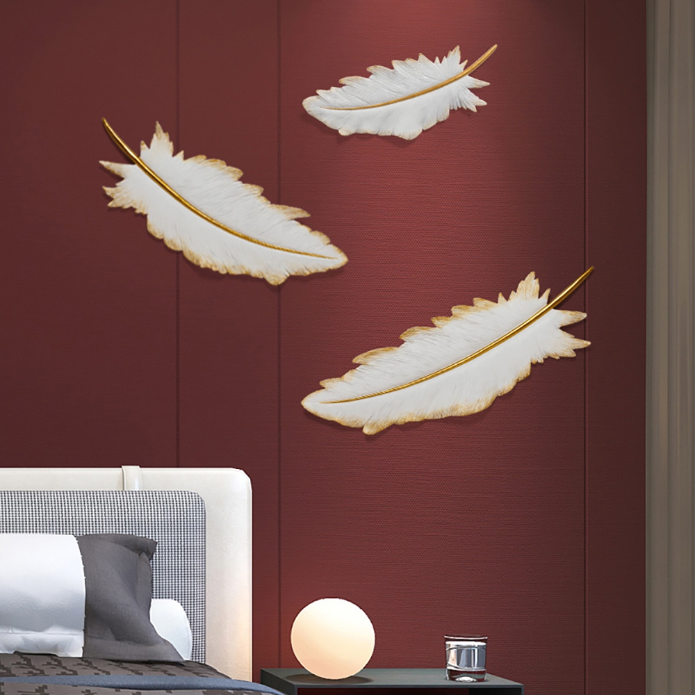 3 Pieces White & Gold Feather Resin Modern Wall Decor Home Art Set