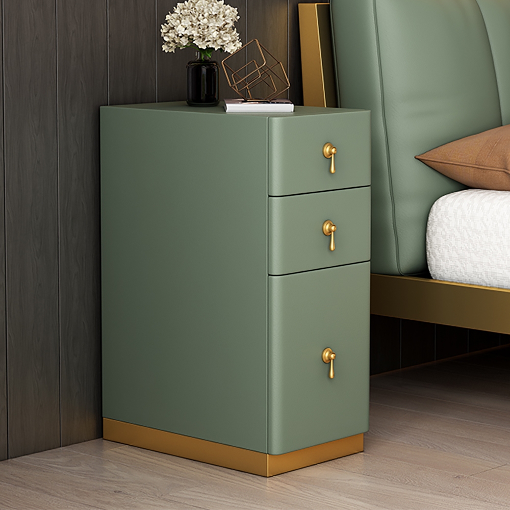 Green 3-Drawer Nightstand Narrow Bedside Table with Faux Leather Upholstery