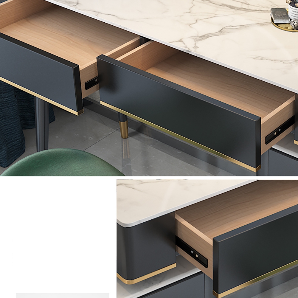 Modern Green Makeup Vanity Set Retracted Faux Marble Top 5 Drawers