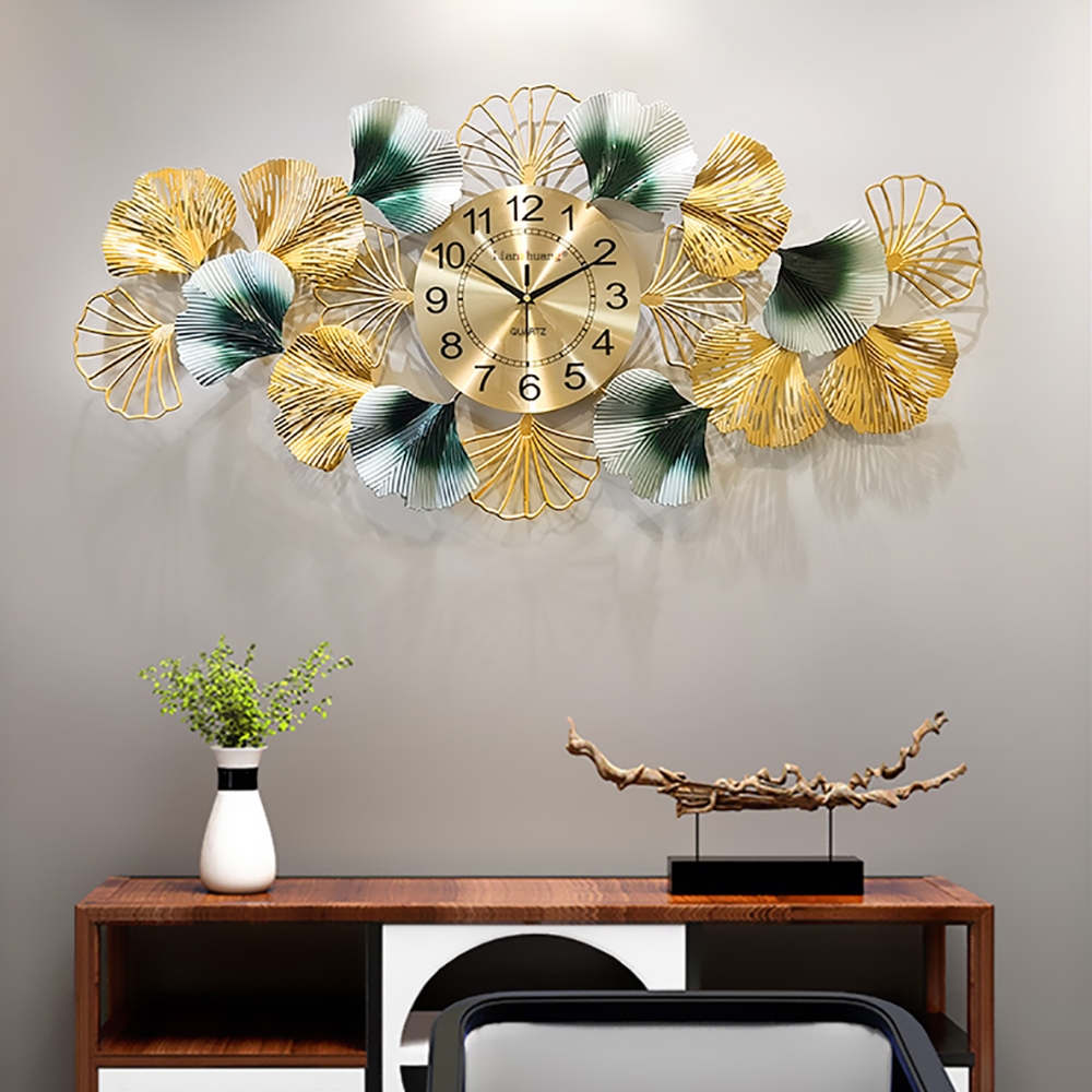 

Medium 3D Hollow-out Metal Ginkgo Leaves Modern Home Background Decor Large Wall Clock