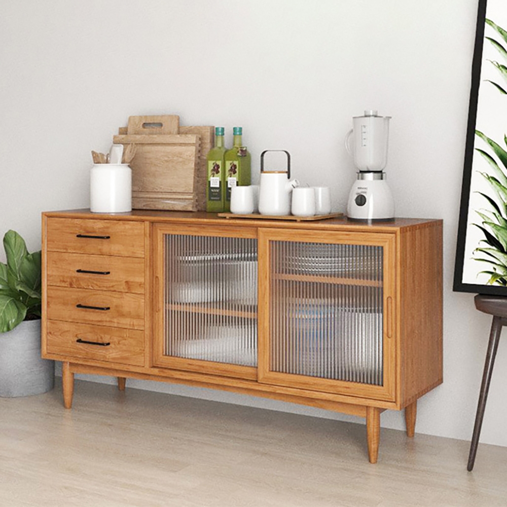 Nordic Natural Sideboard Buffet with 2 Glass Doors & 4 Drawers & 1 Shelf in Small
