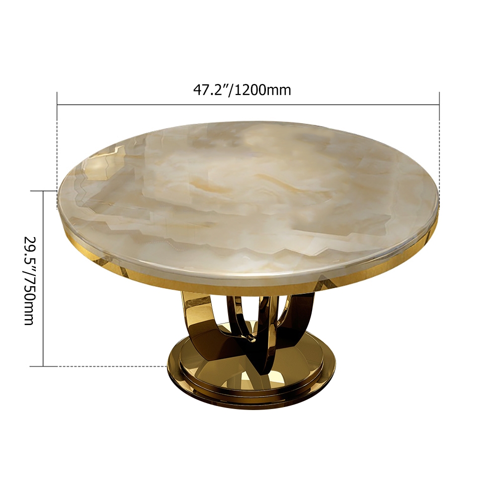 47" Modern Round Faux Marble Top Dining Table with Stainless Steel Base in Beige