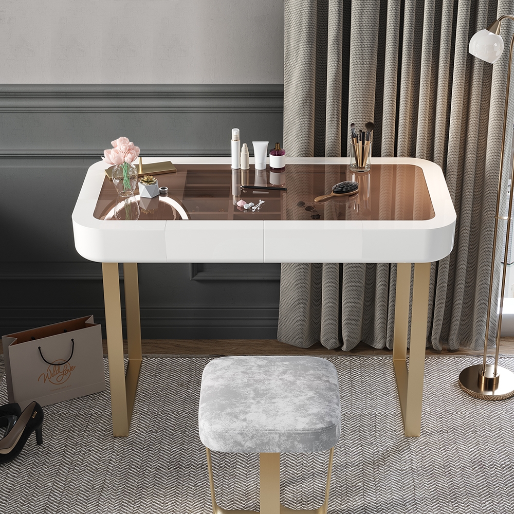 55" White Makeup Vanity Tempered Glass Top Lacquered 1Drawer Dressing