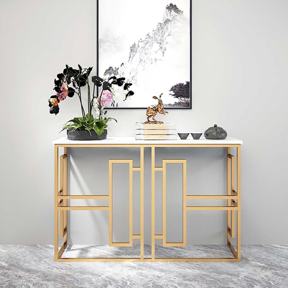 

Modern White Console Table in Solid Wood Top & Metal Frame