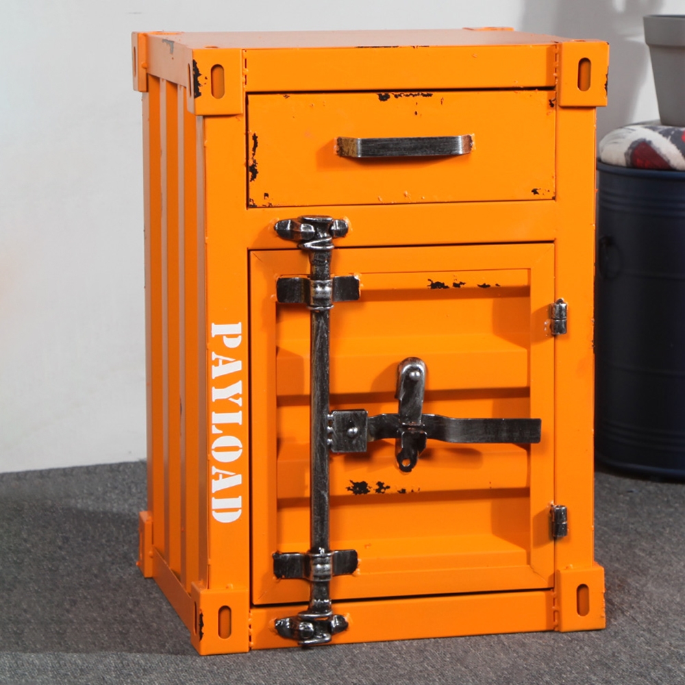 Industrial Loft Orange Nightstand Retro Bedside Storage Cabinet with Door & Drawer