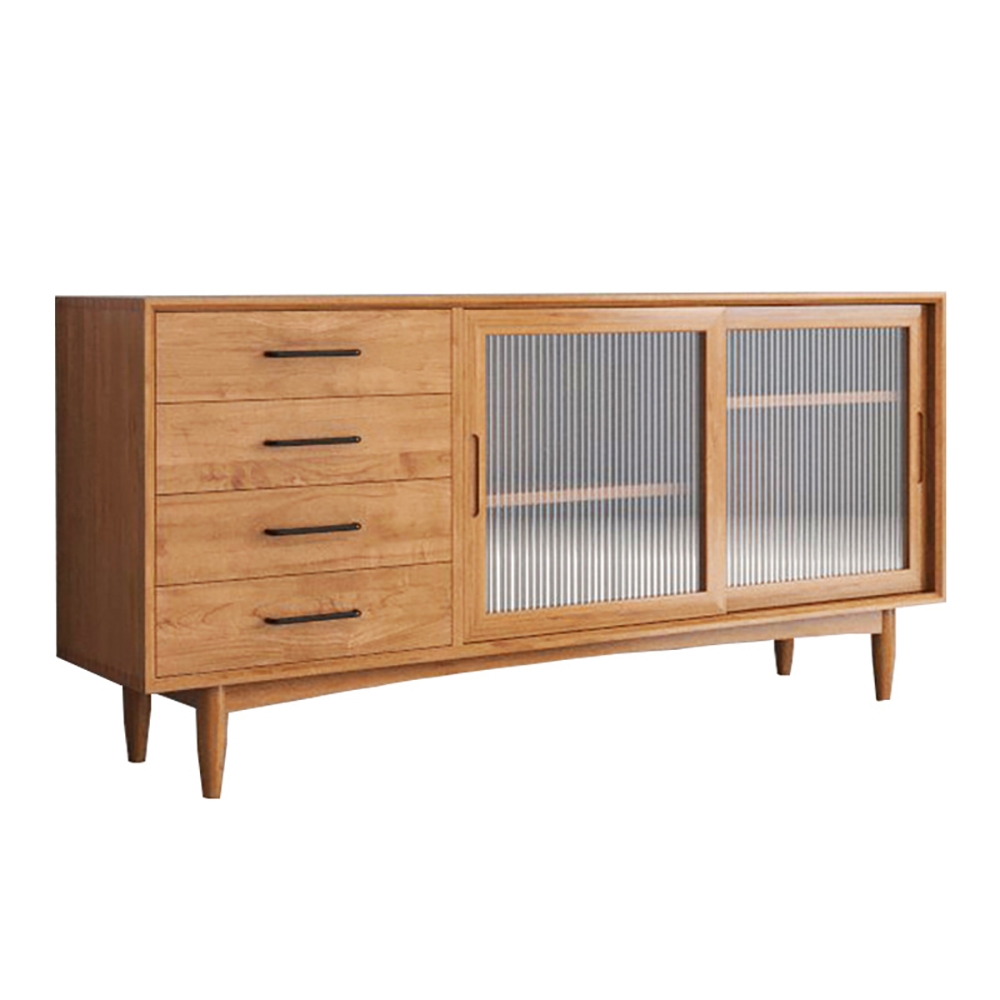 Nordic Natural Sideboard Buffet with 2 Glass Doors & 4 Drawers & 1 Shelf in Large