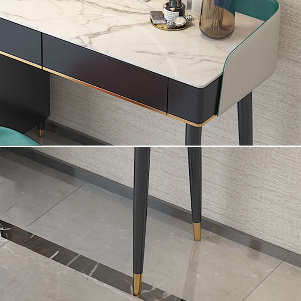 Modern Green Makeup Vanity Set Retracted Faux Marble Top 5 Drawers