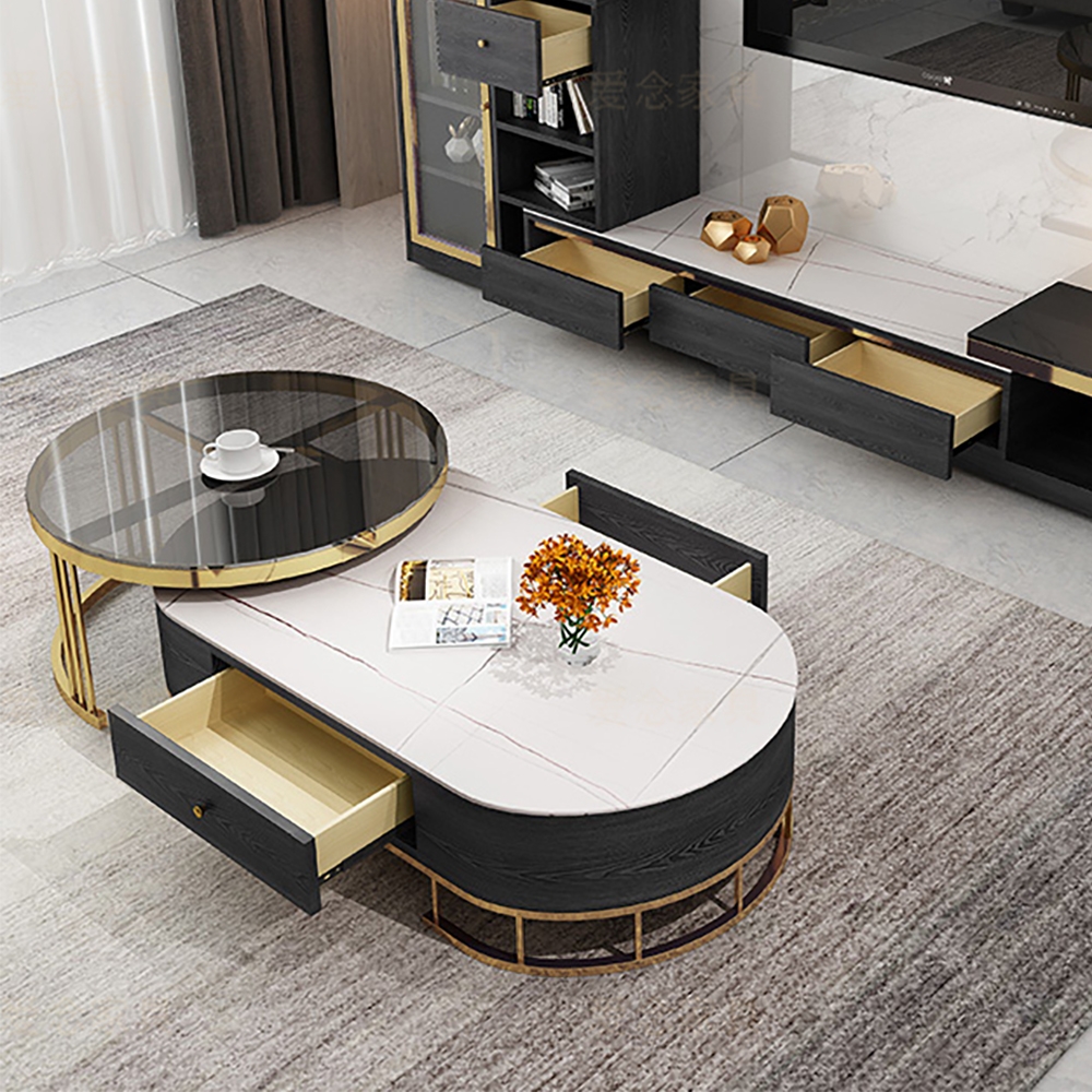 

Modern Round Coffee Table Sets with Storage Marble & Glass Tabletop & Metal Legs