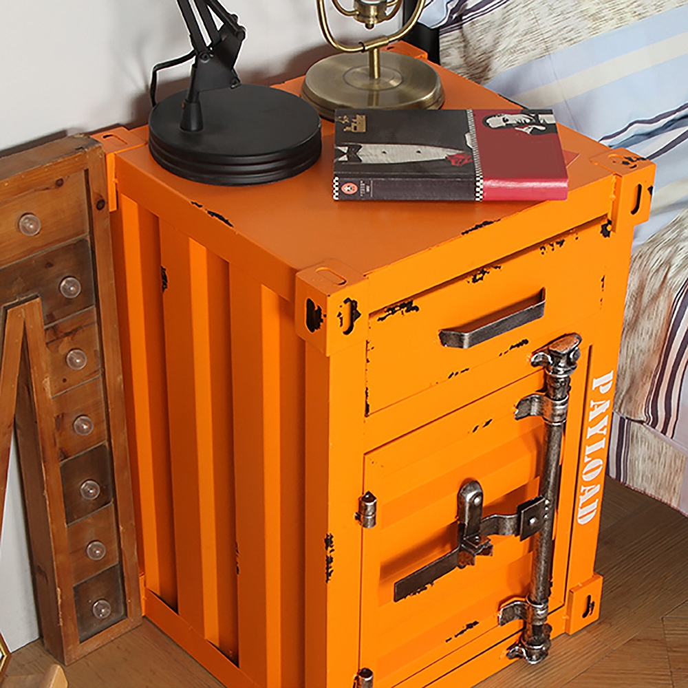 Industrial Loft Orange Nightstand Retro Bedside Storage Cabinet with Door & Drawer