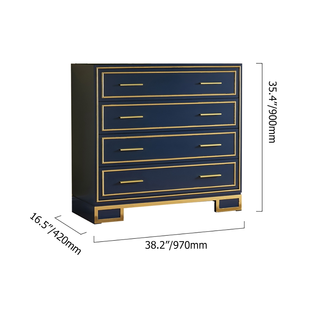 Modern Luxury Blue Cabinet Gold Painted Rims 4-Drawer Accent Chest