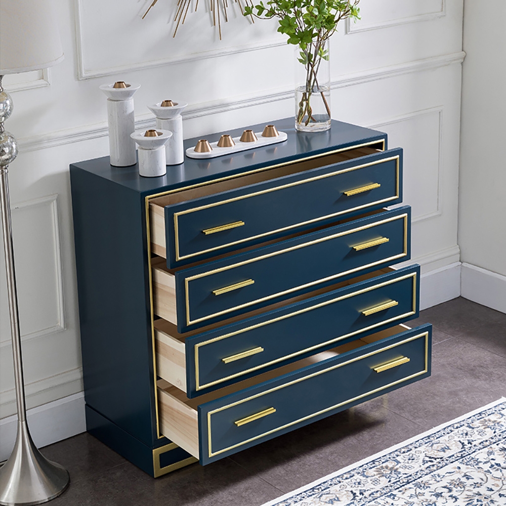 Modern Luxury Blue Cabinet Gold Painted Rims 4-Drawer Accent Chest