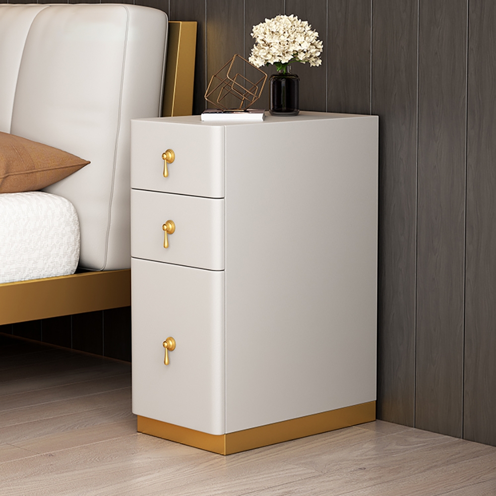 Off white 3 drawer nightstand narrow bedside table with faux leather upholstery