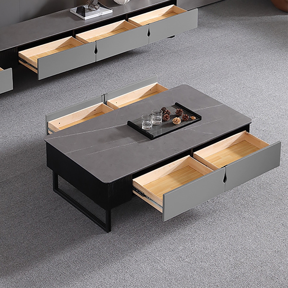 

Modern Coffee Table with Drawers in Gray Stone Top & Carbon Steel Legs