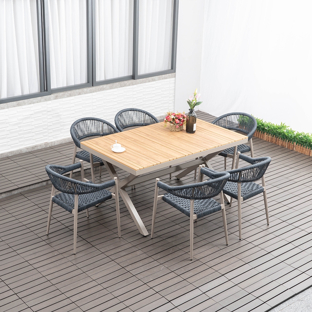 7-Pieces Patio Dining Set with Wood-Top Trestle Table and 6 Blue Woven Rope Armchair