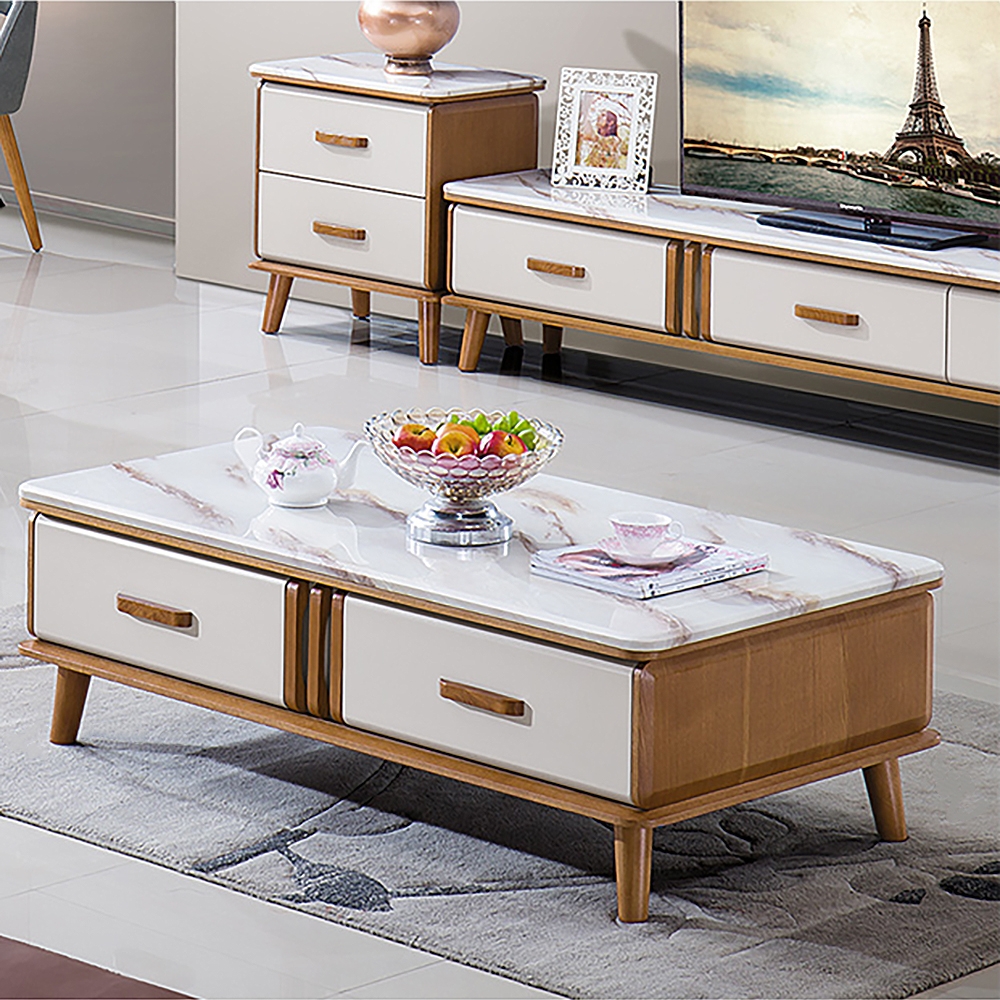

Modern Wood Coffee Table with Storage with Marble Top & Wood