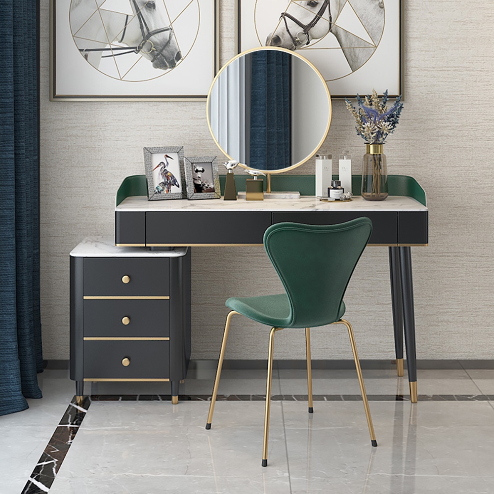 

Modern Green Makeup Vanity Set Retracted Faux Marble Top 5 Drawers Mirror&Chair Inluded