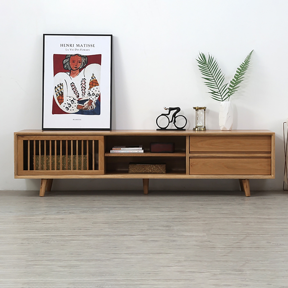 70" Nordic Natural TV Stand Shutter Sliding Door Media Console with 2 DrawersHomary
