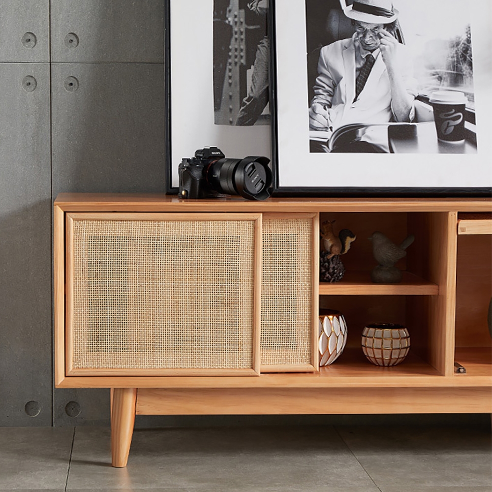 Nordic TV Stand Natural Media Console with Doors & Drawers & Shelf Rattan Woven in Small