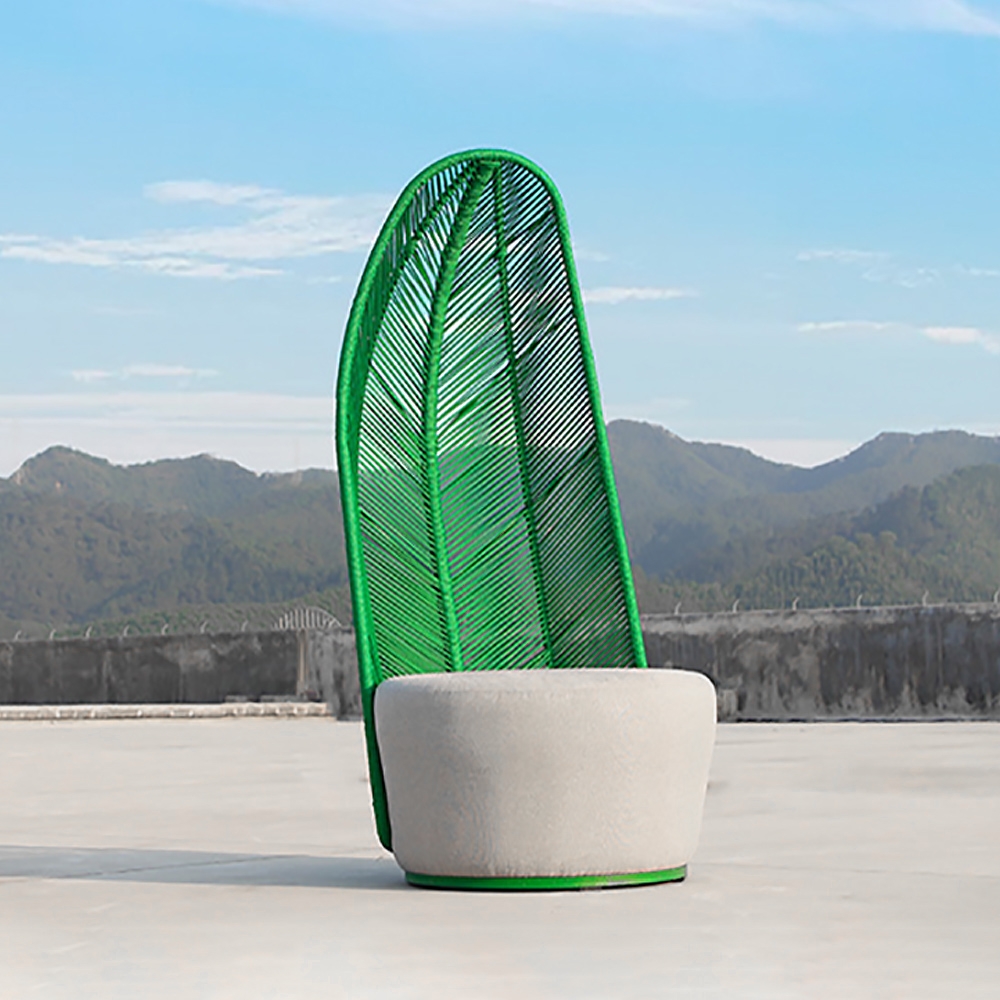 

Green Outdoor Rattan Ballon Chair with Cushion and Pillow High-Back Plantain Shape