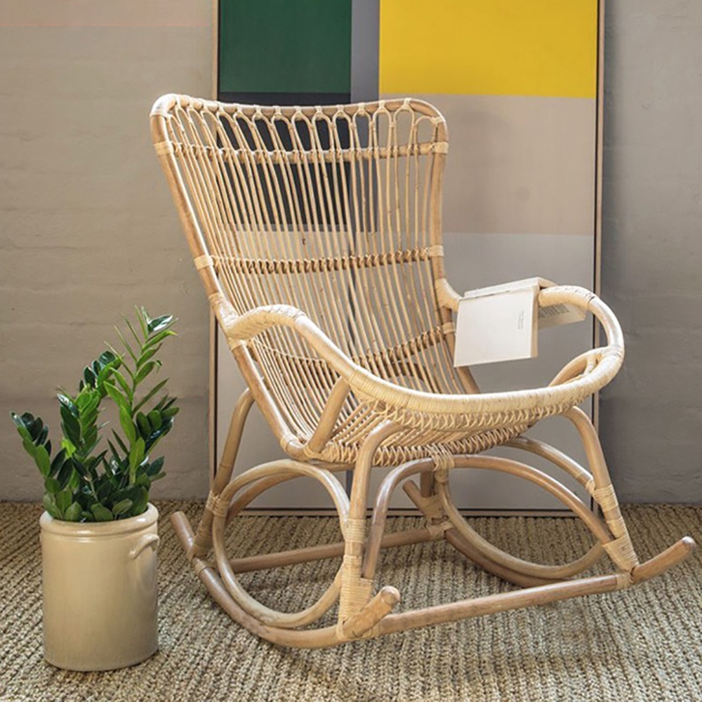 

Rustic Style Patio Rocking Chair with Natural Rattan Weave