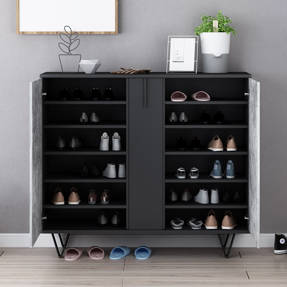 Modern Shoe Cabinet Grey & Black Shoe Organiser with Doors Shelves Drawer in Small