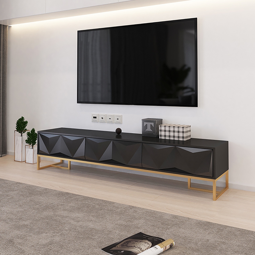 

Nordic Black TV Stand 3D Embossed Surface Media Console 3 Drawers in Small