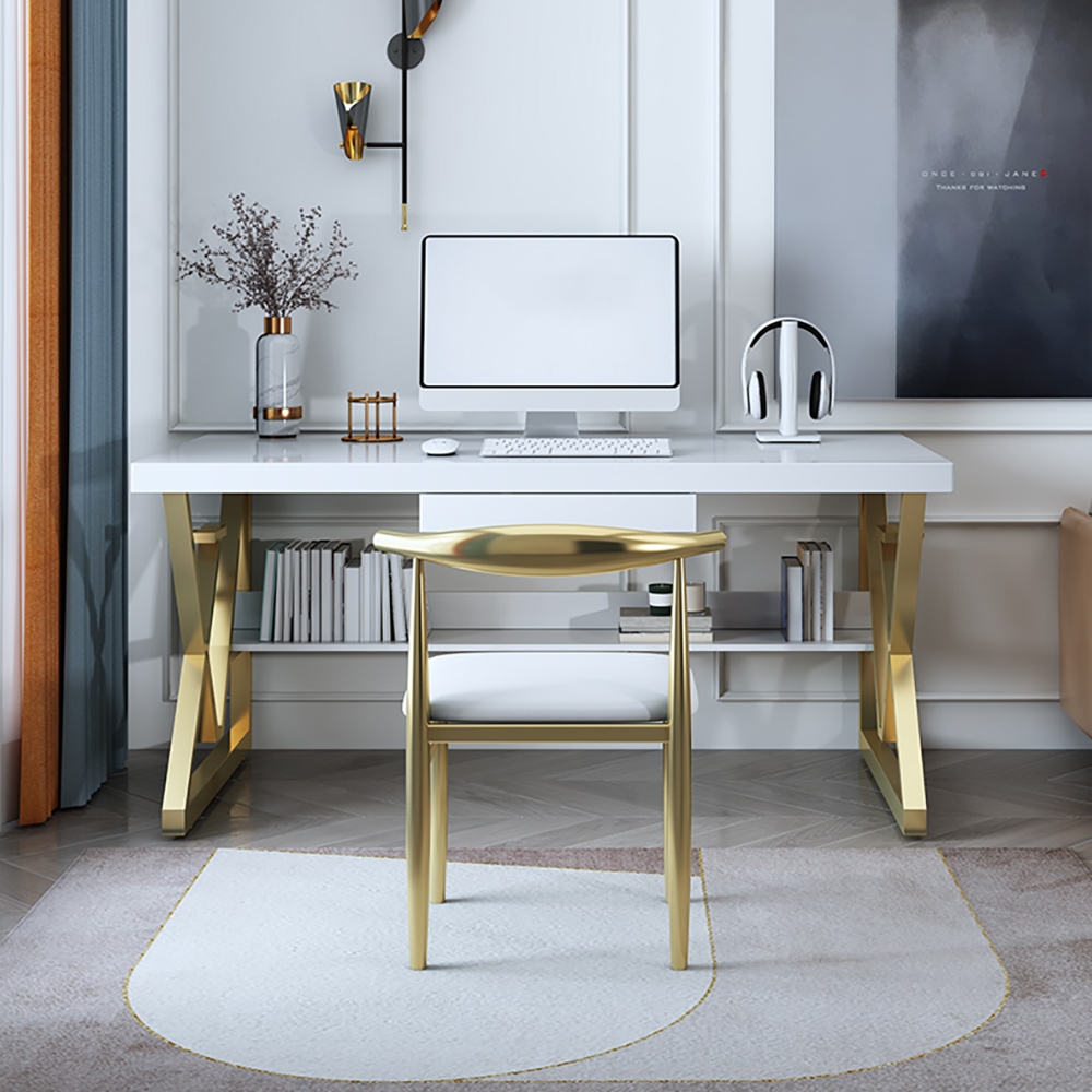 

Modern White Writing Desk with Drawer & Shelf Wood Top & Metal Frame