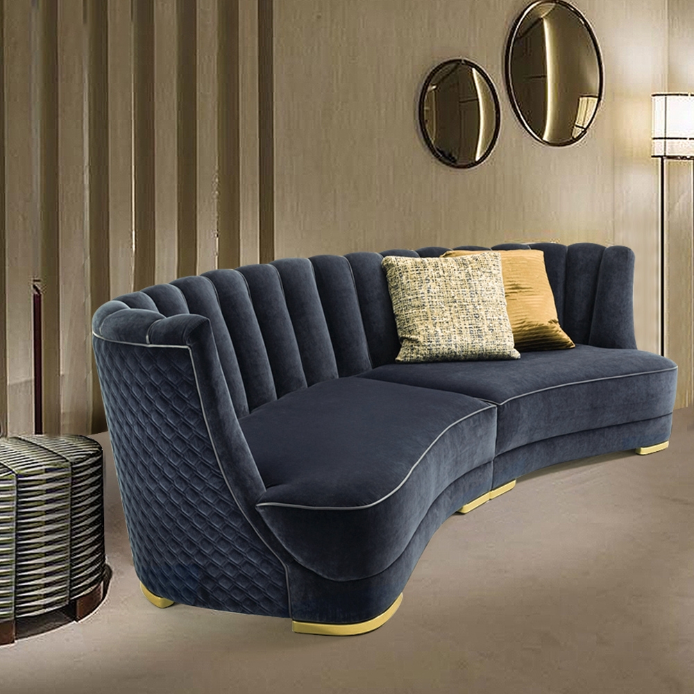 

102.4" Blue Velvet Upholstered Sofa Sectional Sofa in Gold Base