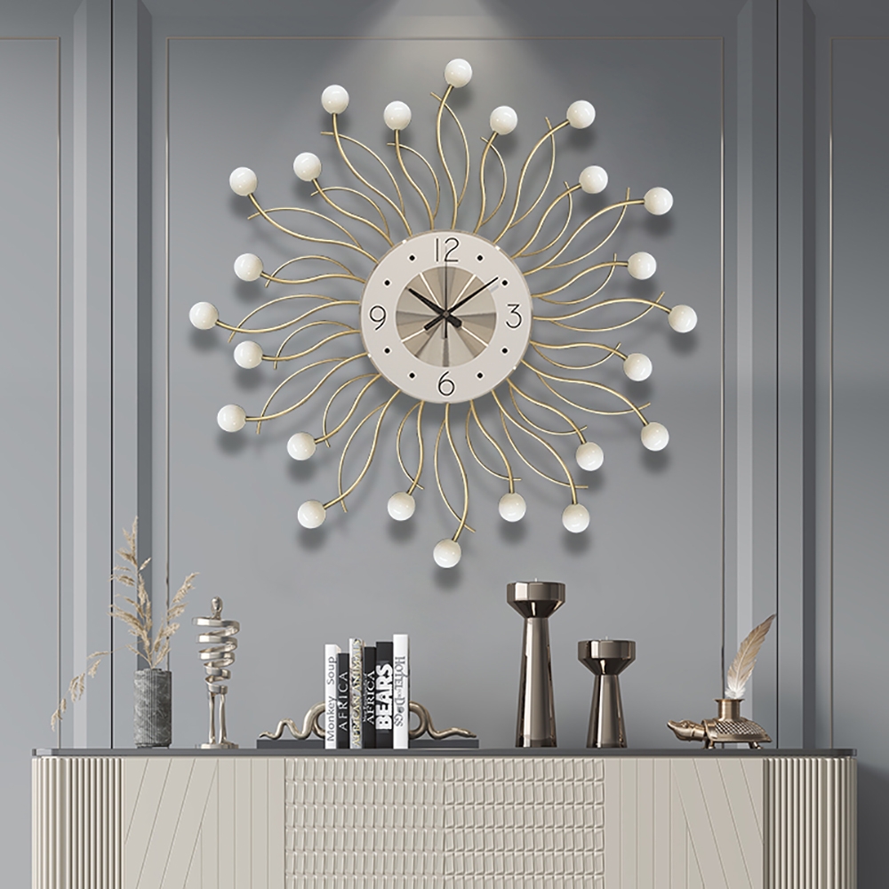 

22.8" Oversized White Luxury Modern Fashion Metal Wall Clock Solid Wooden Beads