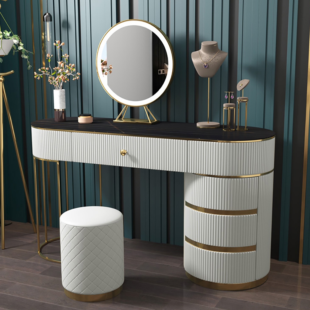 Modern White Makeup Vanity Stone Top 4 Drawers Cabinet Included Gold Finish