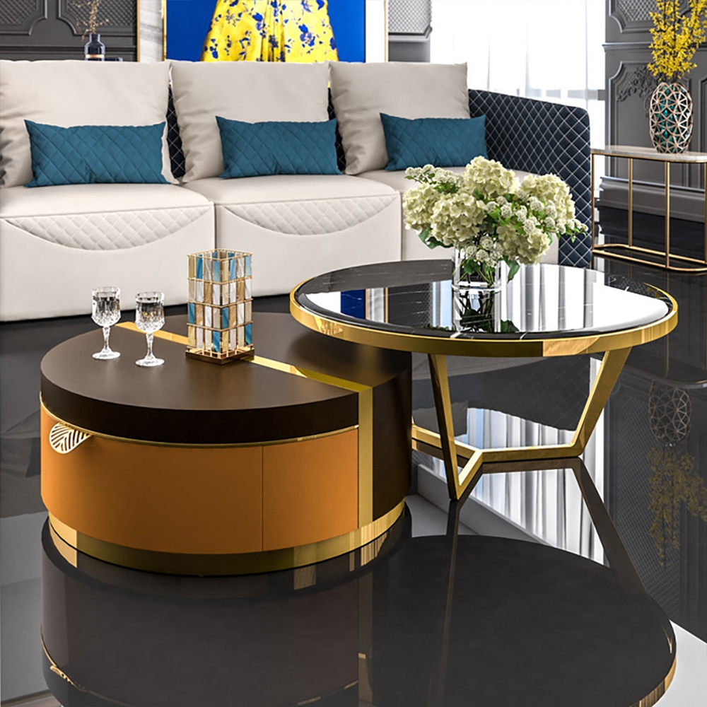 

Modern Round Coffee Table Set with Storage Marble Top & Stainless Steel Frame