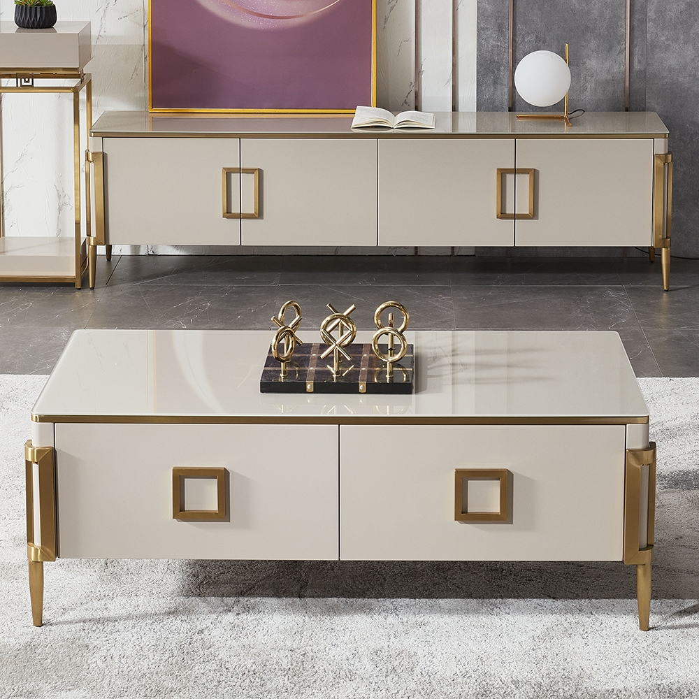 

Modern Temperglass Coffee Table with Storage in MDF & Stainless Steel