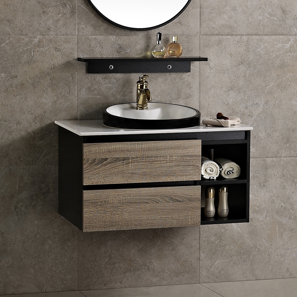 

31.9" Nordic Bathroom Vanity Single Ceramic Sink Floating Cabinet Drawers Shelf in Small