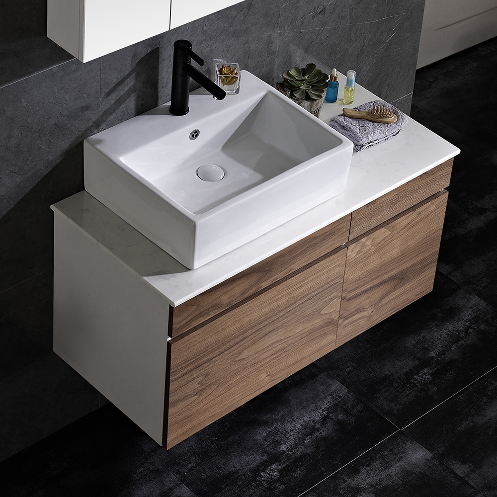 39" Nordic Floating Bathroom Vanity Walnut Bathroom Cabinet With Ceramic Vessel Sink