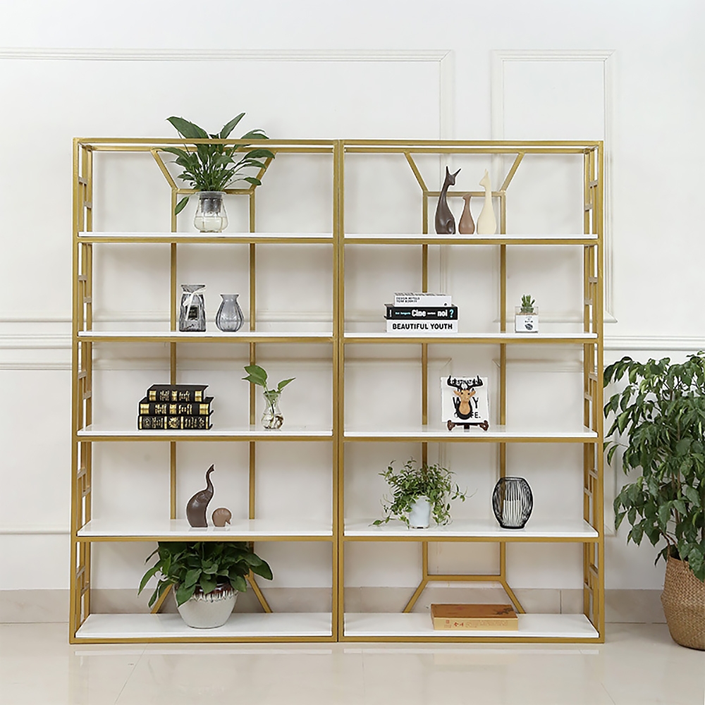 74.8" Contemporary Etagere Bookshelf in Gold & White