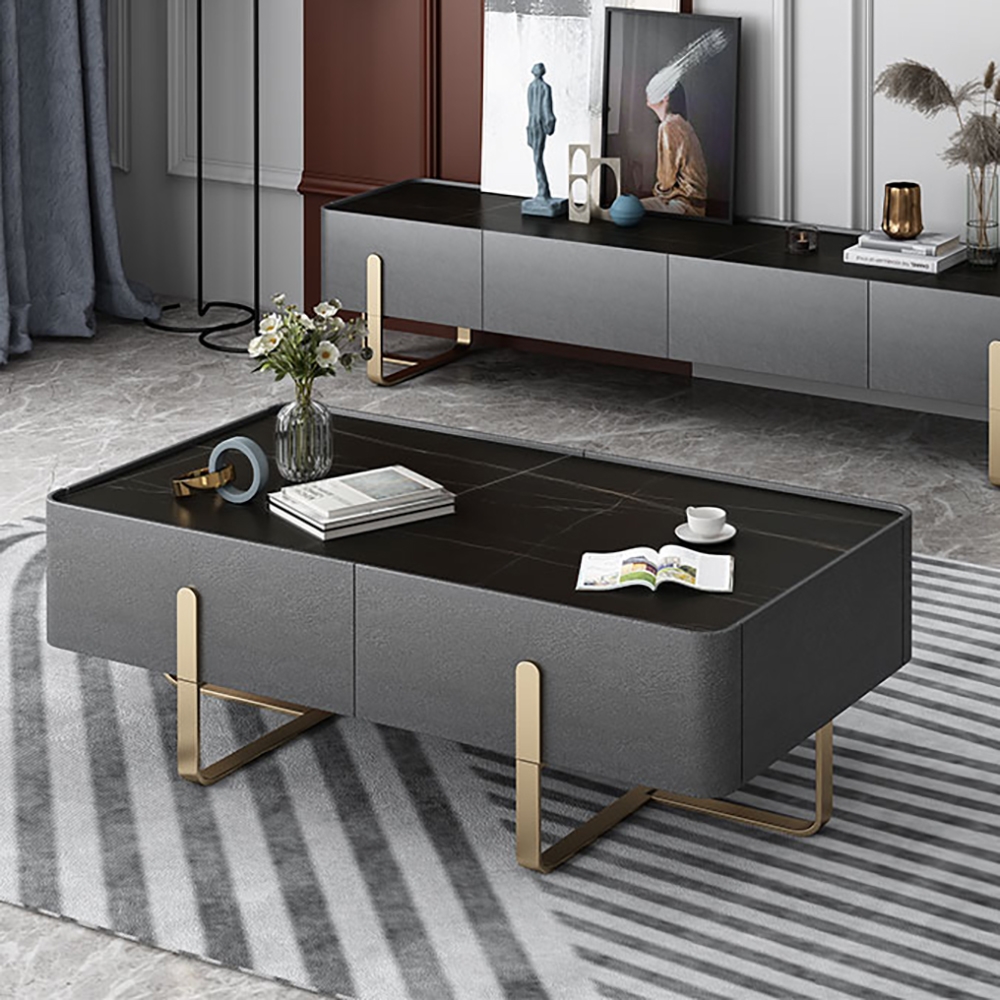 

Modern Coffee Table with Storage Balck Stone Top & Gold Stainless Steel Trestle