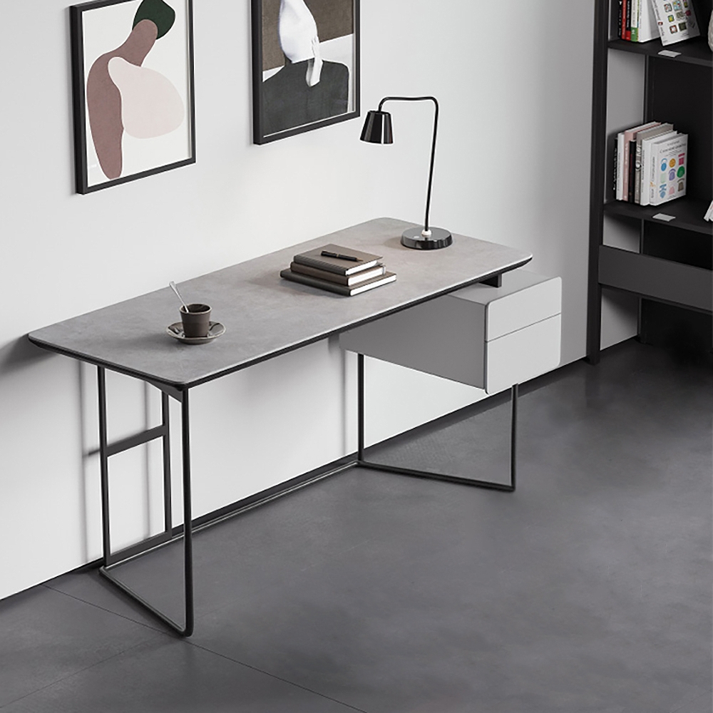 

Modern White Computer Desk with Drawers Stone Top & Metal Base