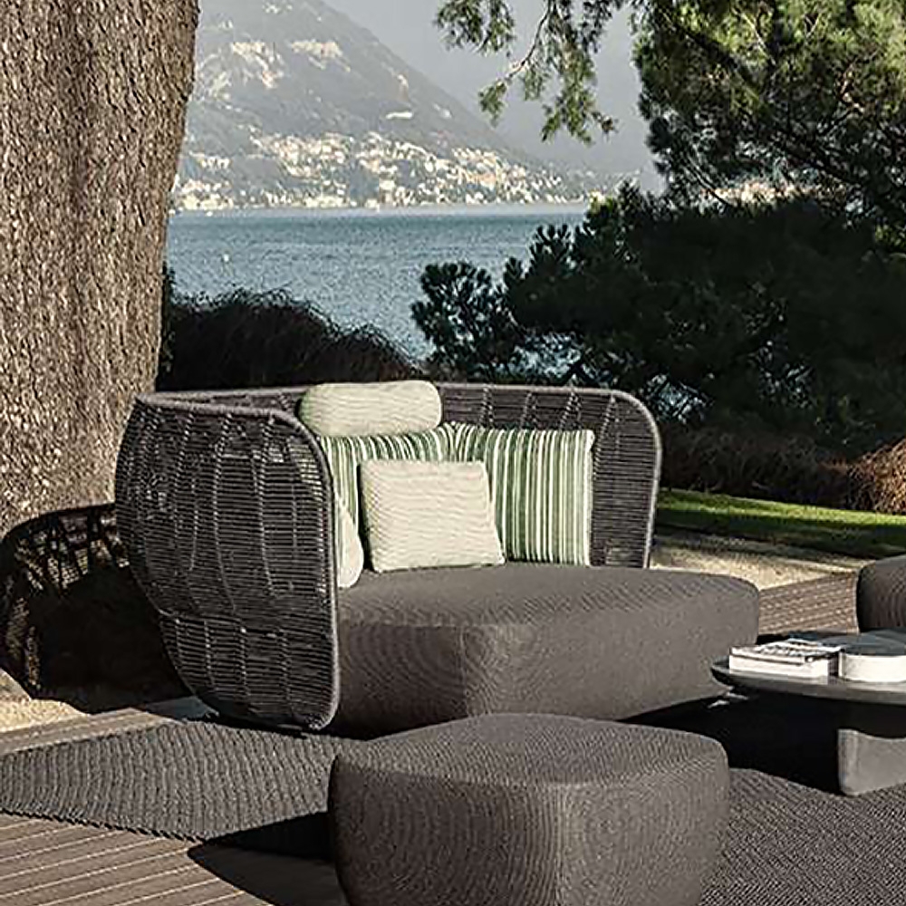 

Tropical Style Dark Gray Outdoor Daybed Rattan Patio Sofa with Polyester Cushion Pillow