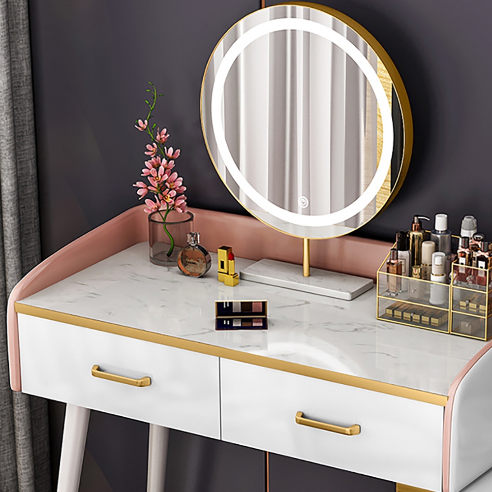 White Makeup Vanity Faux Marble Top Dressing Table with 3-Drawer Cabinet in Small