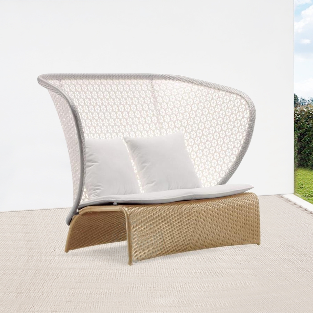 

Rattan Outdoor Sofa with White Cushion Pillow High-Back Loveseat with Arched Bottom